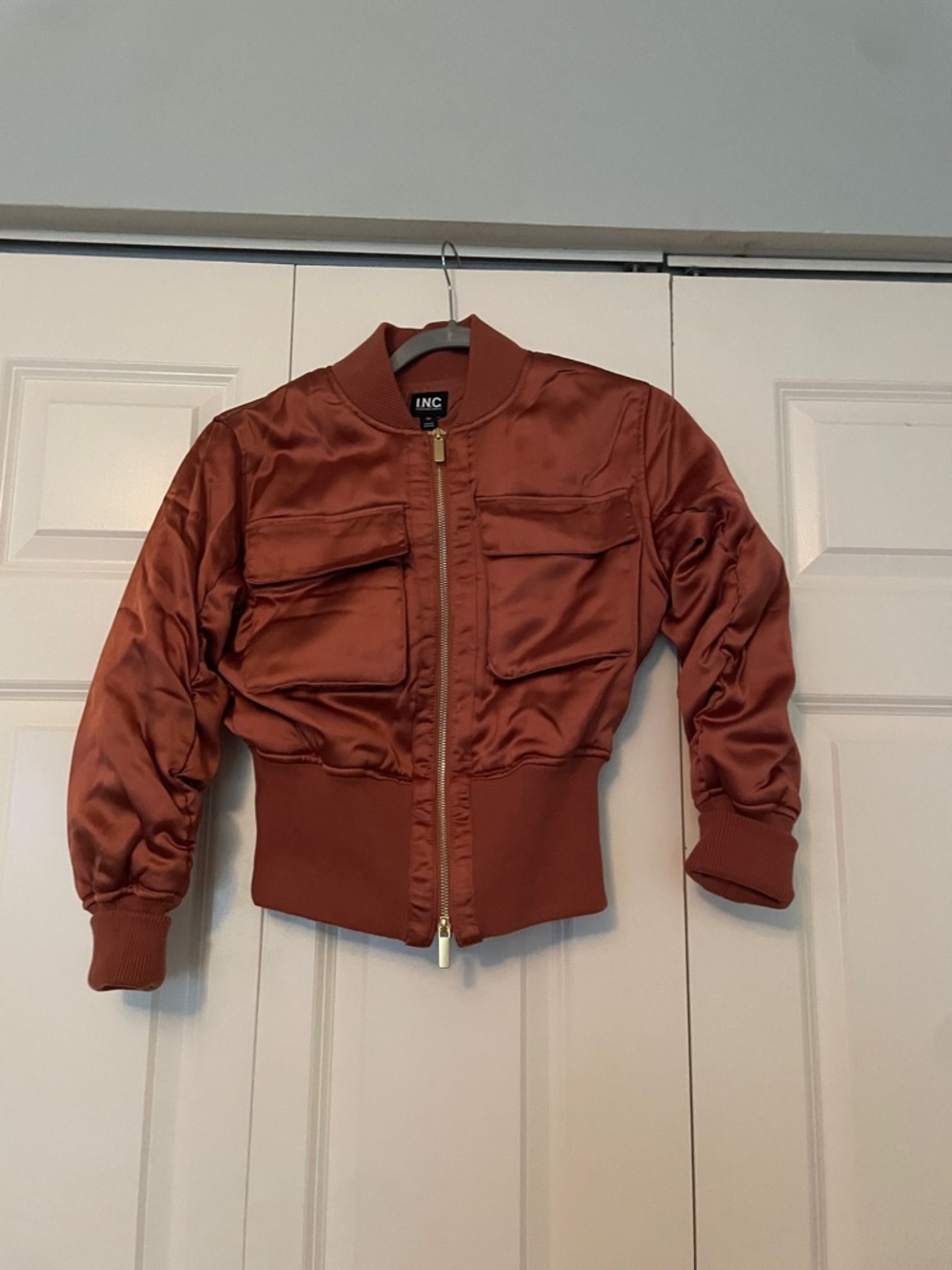 INC International Concepts Satin Rust Cropped Bomber Jacket